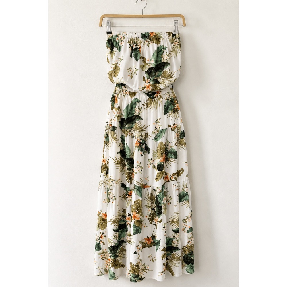 Rip Curl Strapless Tropical Floral Maxi Dress White Boho Beach Vacation / XL